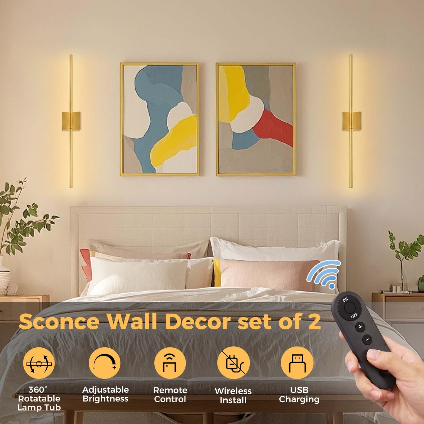 DORESshop Battery Operated Wall Sconces Set of 2, Dimmable, 29 Inch Gold Metal Lights with Remote Control