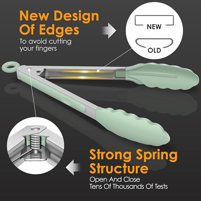 HOTEC Premium Stainless Steel Locking Kitchen Tongs with Silicon Tips, Set of 3-7", 9" and 12" (Light Green)