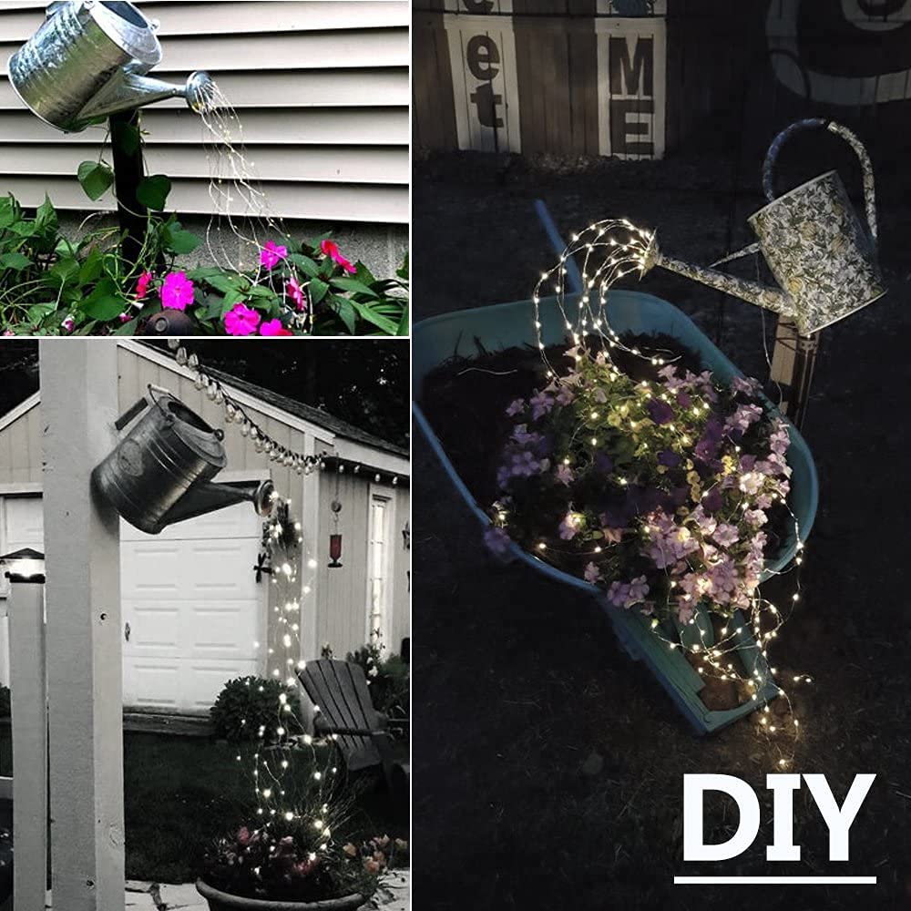 Solar Waterfall Fairy Bunch Lights Outdoor Waterproof 200Leds 8 Modes Watering Can Light (No Can)  Solar Powered String Lights Firefly Vine Christmas Tree Garden Decorations Gardening Gifts For Mom