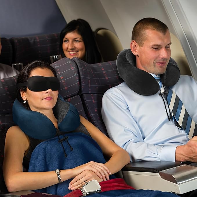 Travel Pillow and Blanket Set Neck Pillows Travel Essentials with Sleep Mask for Airplane Car Memory Foam Grey