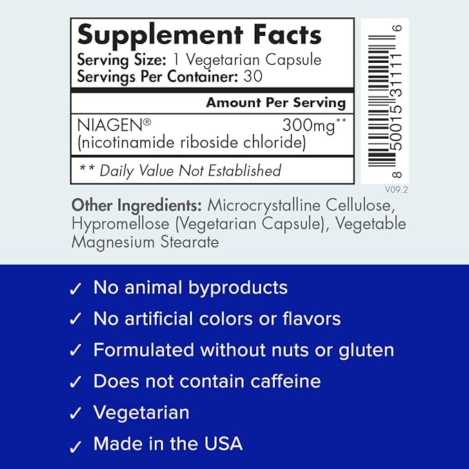 TRU NIAGEN Patented NAD Supplement for Anti Aging and Cell Regeneration, 300mg Niagen, 30 Servings | Supports Cellular Energy, Brain, Muscle | Nicotinamide Riboside (NR) Take 1 Daily | 2 Bottles