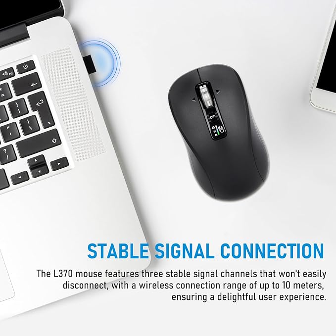 Wireless Mouse with 2 Bluetooth and 1 USB, 4-Way Scrolling, Full Size Mouse, Silent, Long Battery Life, Adjustable Cursor Speed, for Computer, Laptop, Tablets, iPad, Desktop, MacBook (No Side buttons)