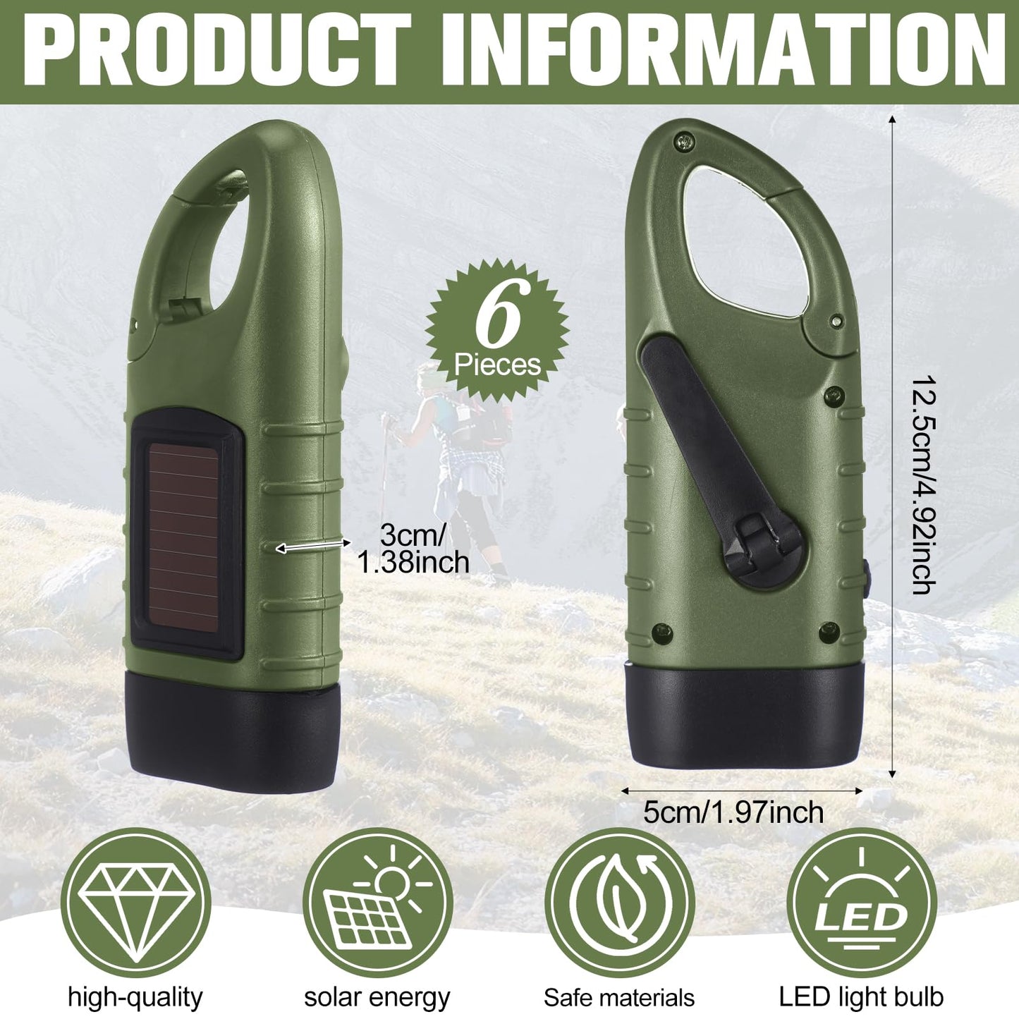 Mudder 6 Pcs Hand Crank Solar Powered Flashlights Emergency Rechargeable Led Handheld Flashlights For Survival Gear Outdoor Sports Camping Hiking Backpack Safety (Green)