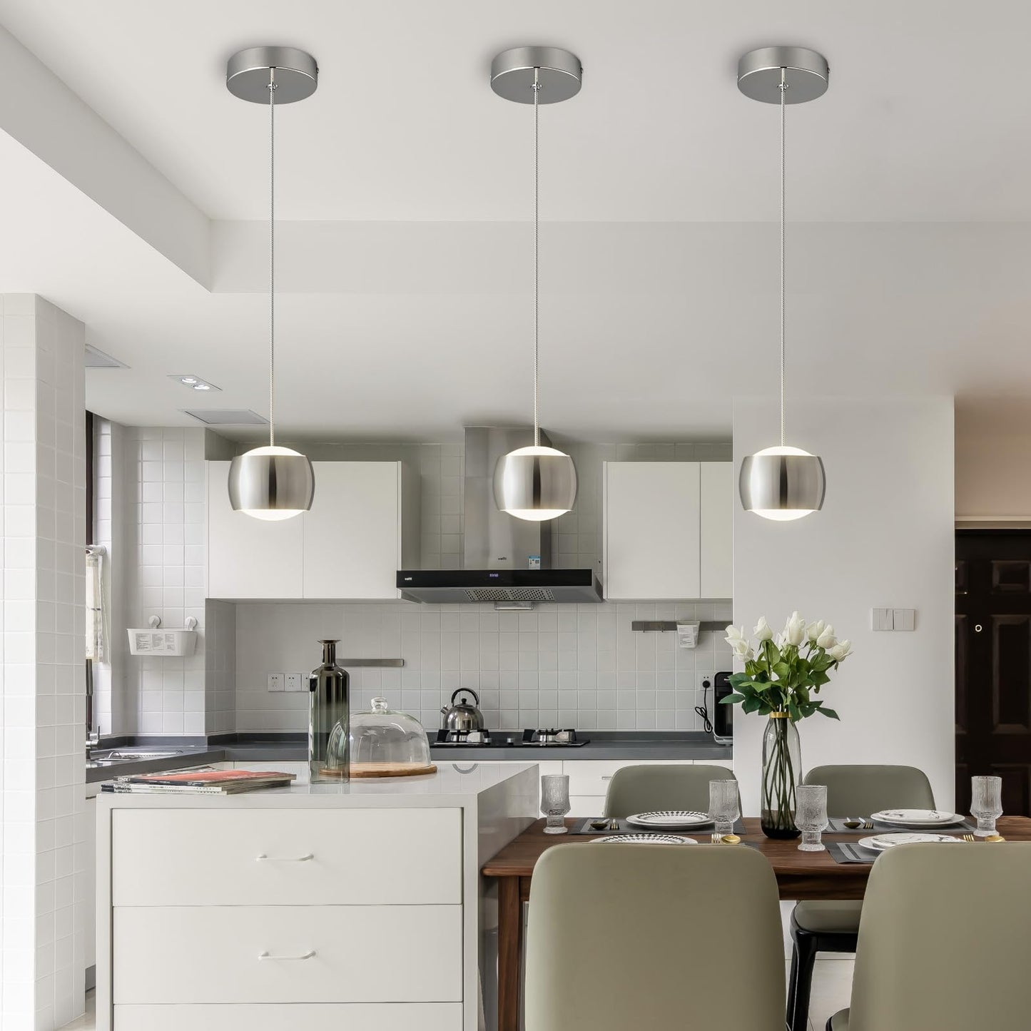 Adcthome Modern Led Dimmable Pendant Light Fixtures Mini Island Pendant Lighting For Kitchen Island Dinning Room Bedroom Bar  Kitchen Island Ceiling Hanging Light Fixtures(Chrome-1-Pack)