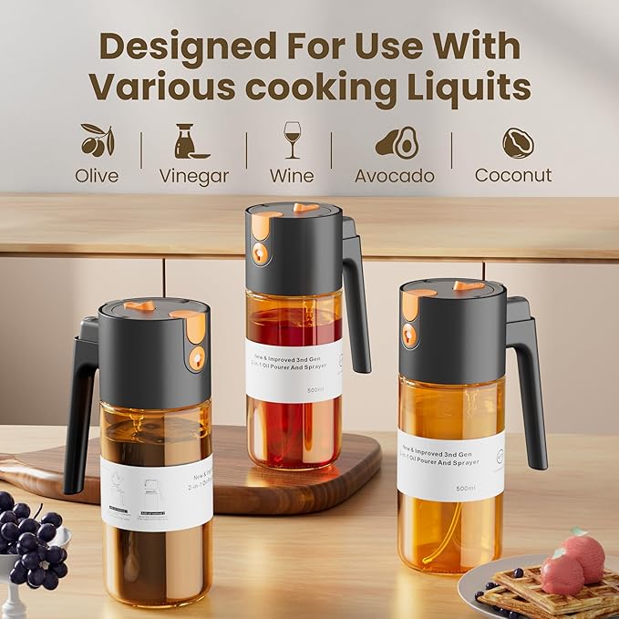 Upgrade 2 in 1 Oil Sprayer for Cooking, Olive Oil Dispenser Bottle for Kitchen Gadgets with Stickers, 17oz/500ml Food Grade Light-Blocking Glass Spray Bottle for Salad, Air Fryer, BBQ