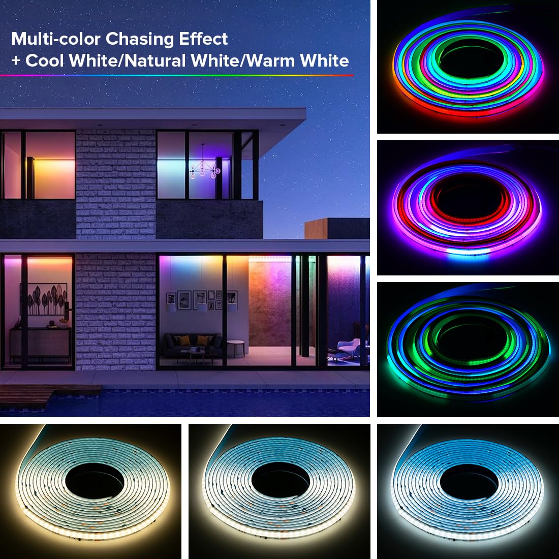 BTF-LIGHTING FCOB COB LED Strip WS2814 IC RGBW 6000K Flexible High Density Color Chasing Uniform Light 16.4FT DC12V 16IC/m 10mm Width for Home DIY Lighting Projects(No Adapter or Controller)