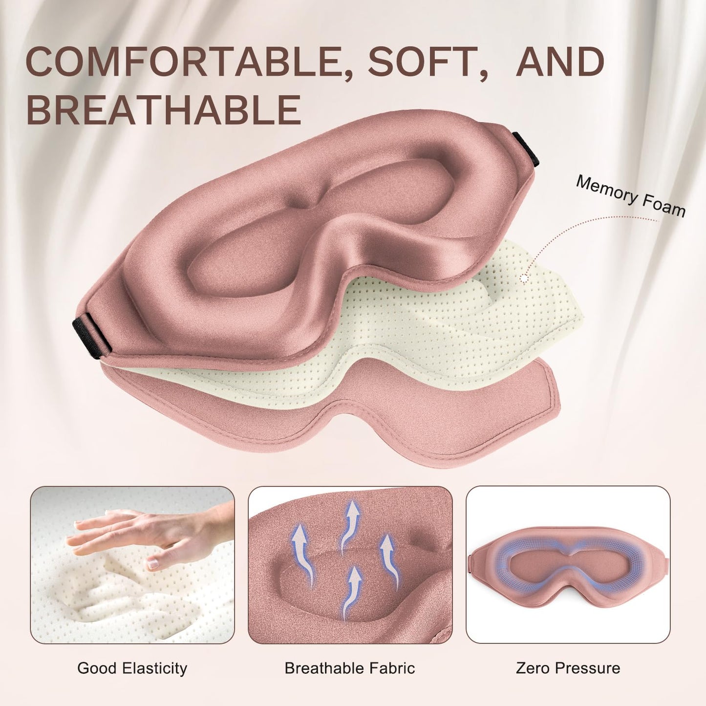 FlyCoco 99% Fully Block Out Light Eye Sleep Mask, 3D Deep Contoured Eyes Cover Zero Pressure, Long Lash Extension Eyes Mask with Adjustable Straps for Sleeping Travel Home Nap Rest Women Men (Rose)