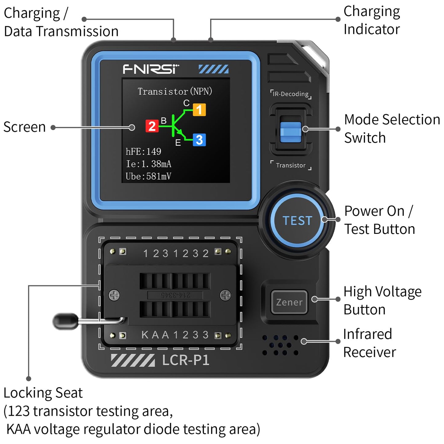 FNIRSI LCR-P1 Transistor Tester, Mosfet Transistor Capacitor Tester, SMD Electronic Component Tester, Diode Triode Zener Diode Resistance Inductance Battery Test LCR Meter MOS PNP NPN ESR Meter