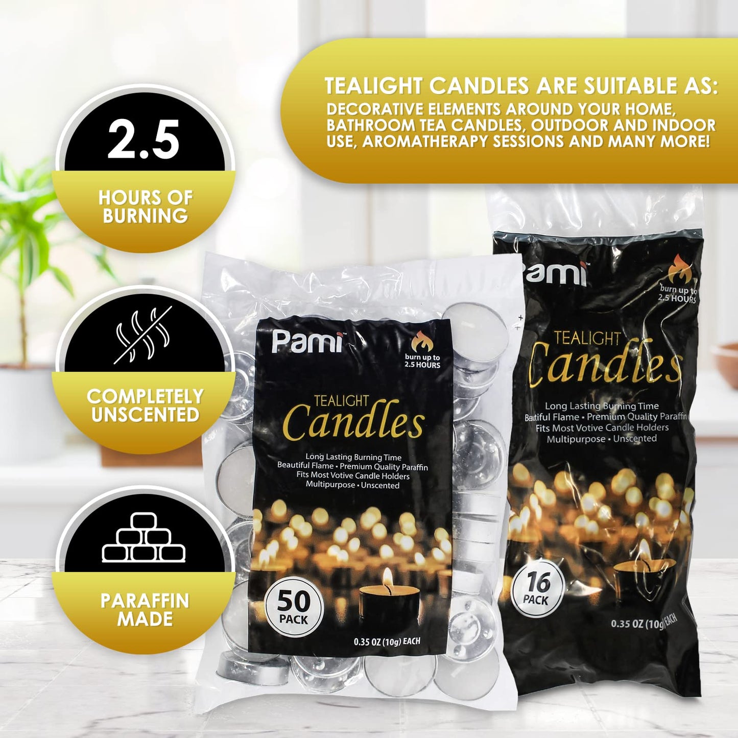PAMI Unscented Round Tea Light Candles, 1 Inch, 50 Pack, 2.5 Hours Burn Time, White, Paraffin Wax