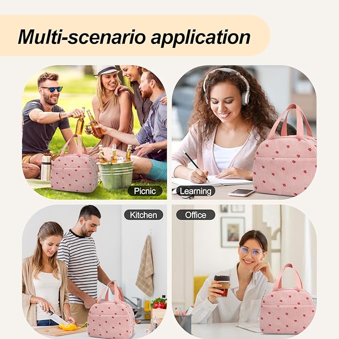 Lunch Box for Women,Cute Corduroy Lunch Tote Bag,Reusable Insulated Lunch Box,Large Capacity Cooler Bag with Compartments for Work, Picnics or Travelling