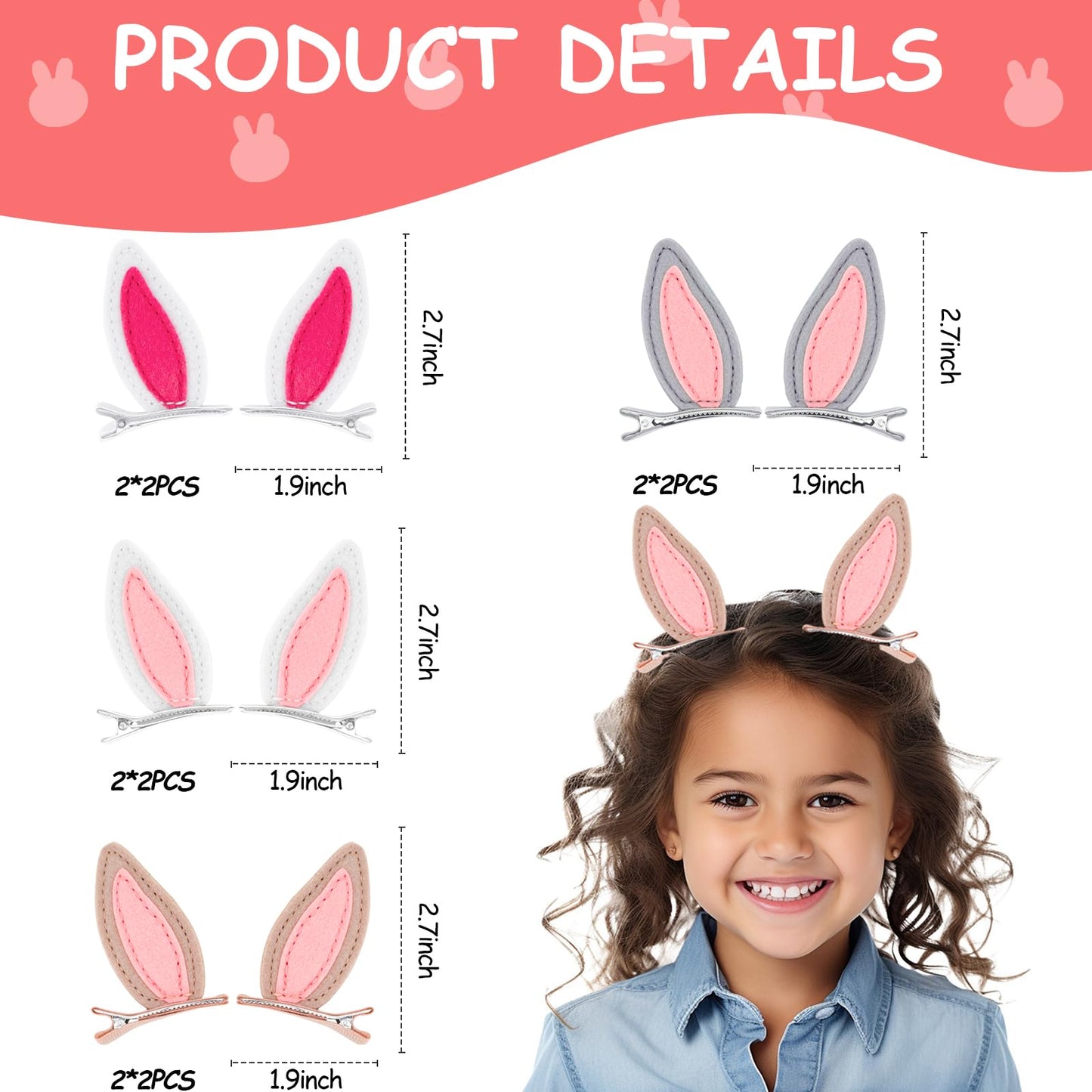 16 Pcs Bunny Ear Hair Clips Rabbit Ears, Toddlers Animal Hair Pins Easter Hair Accessories for Girls Hair Clips Kids Costume Par