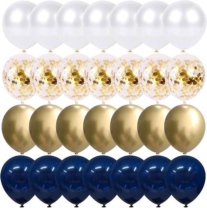 Navy Blue and Gold Confetti Balloons, 50 pcs 12 inch Pearl White and Gold Metallic Chrome Birthday Balloons for Celebratio...