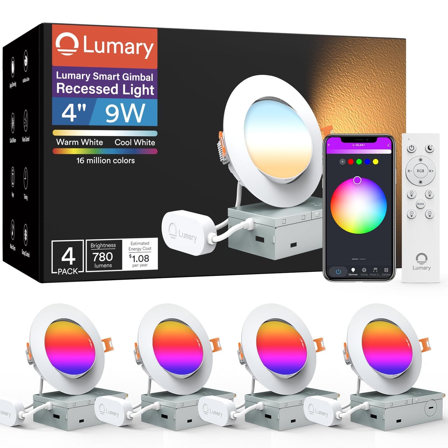 Lumary Smart Gimbal Recessed Lighting 4 Inch With Remote  355+20 Adjustable Rgbww Wifi Ceiling Light  Compatible With Alexa Google  Canless Led Downlight With J-Box  9W 780Lm Cri90  4 Pack