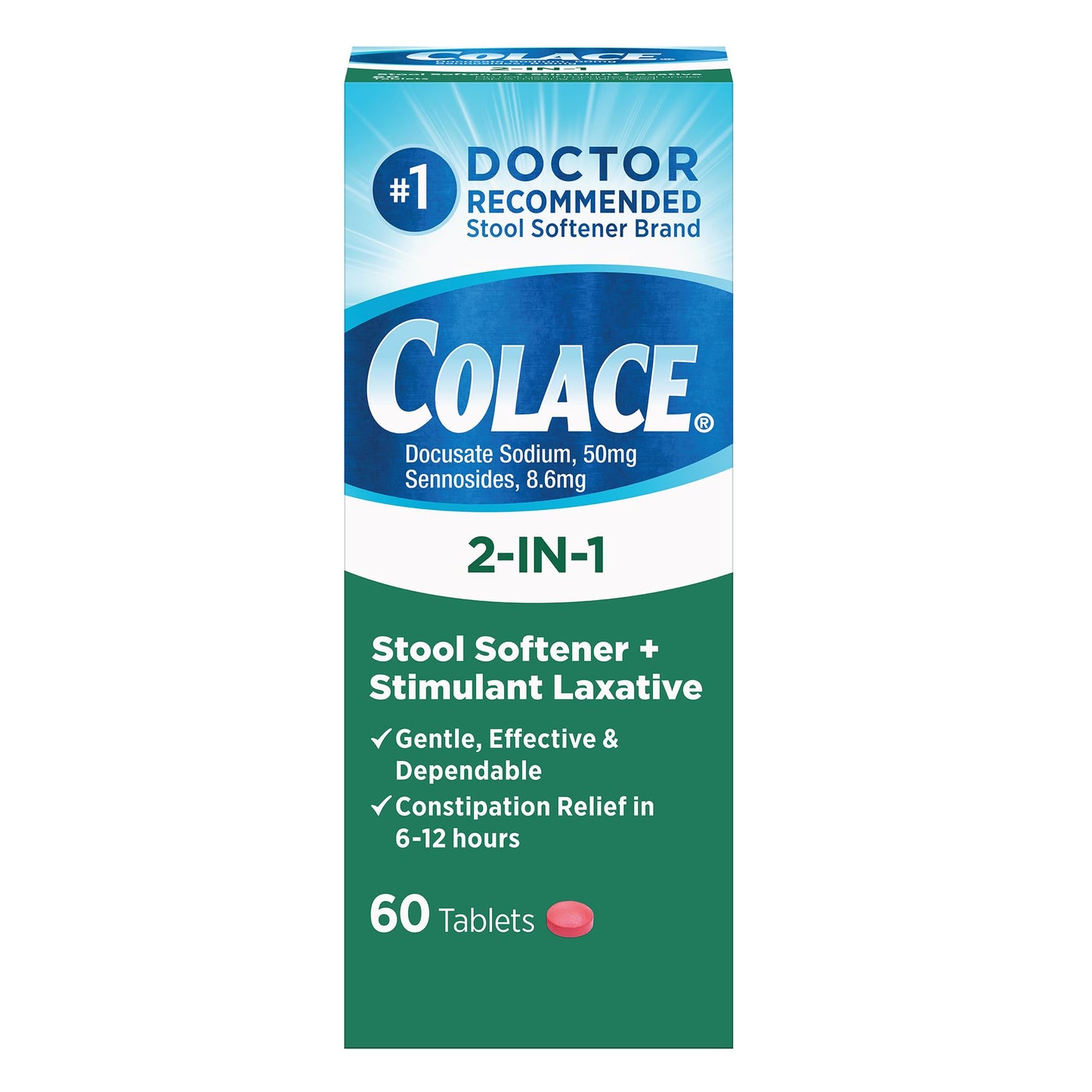 Colace 2-In-1 Stool Softener Plus Stimulant Laxative for Gentle Effective Constipation Relief, Docusate Sodium Plus Sennosides, 60 Count