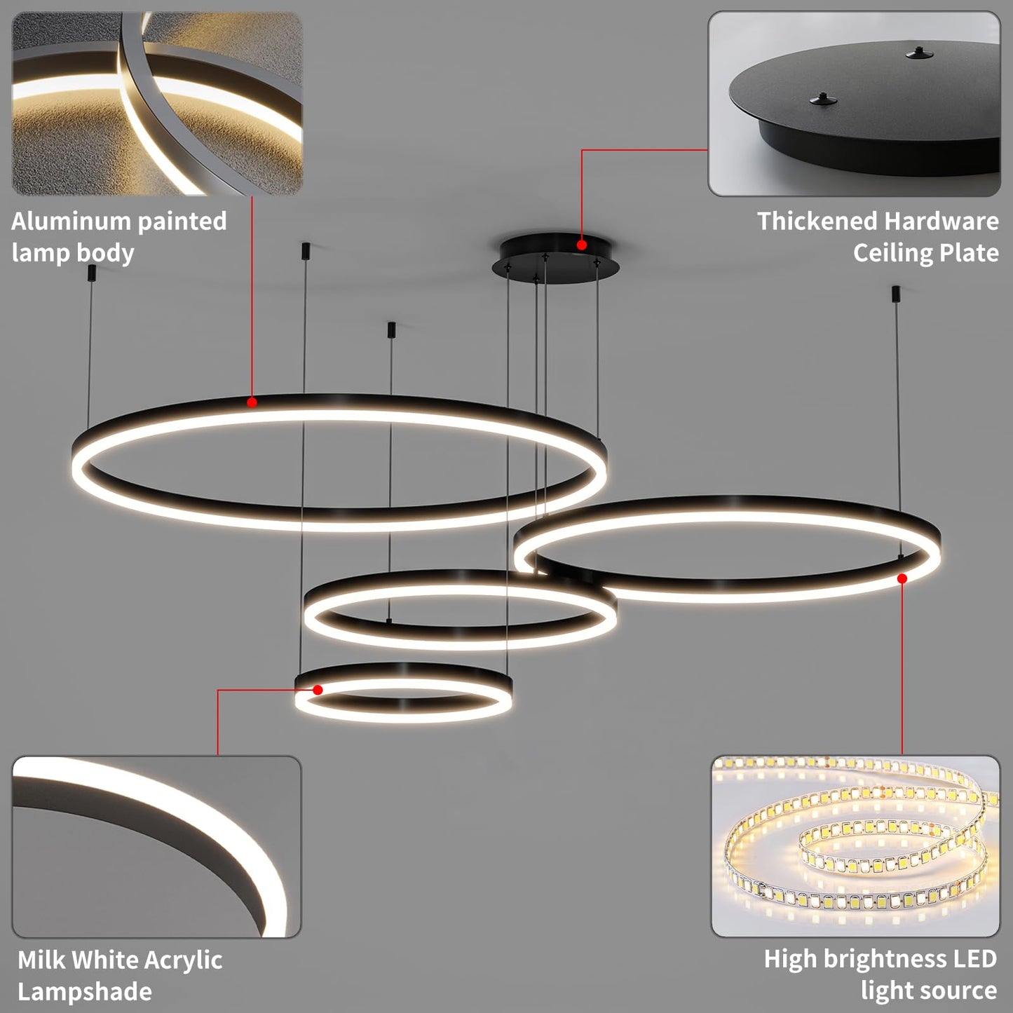 Matven Modern Dimmable Chandelier Light, Remote Control, 3 Color Modes, 15.7x23.6x31.4x39.3in, Black, Model KD-Y