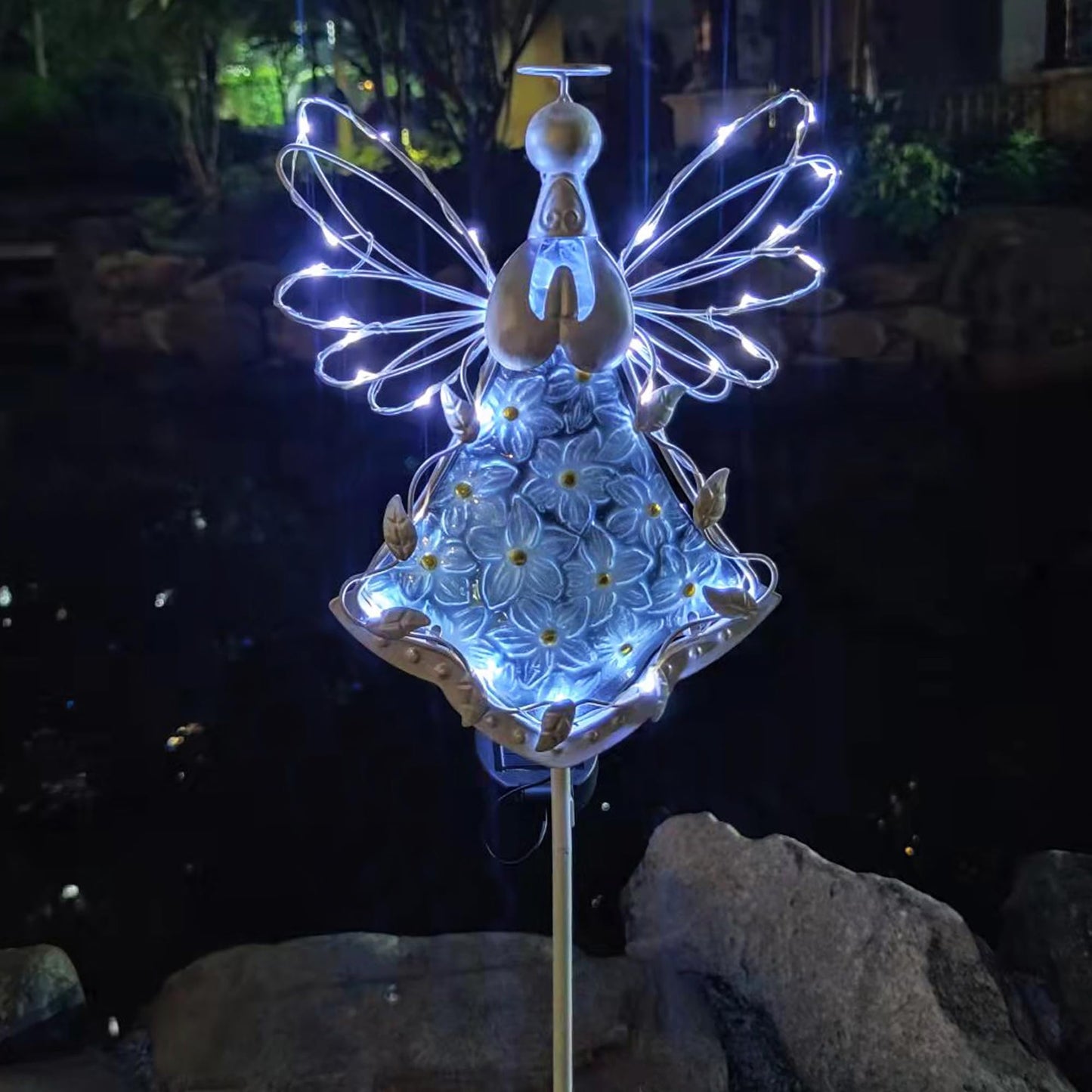 COOZZYHOUR 38Inch Angel Solar Lights Outdoor Decorative-Metal&Glass Angel Hydrangea Flower Garden Stake Lawn Light- Waterproof 30 Warm White LED for Remembrance Gifts & Grave Decorations (White)