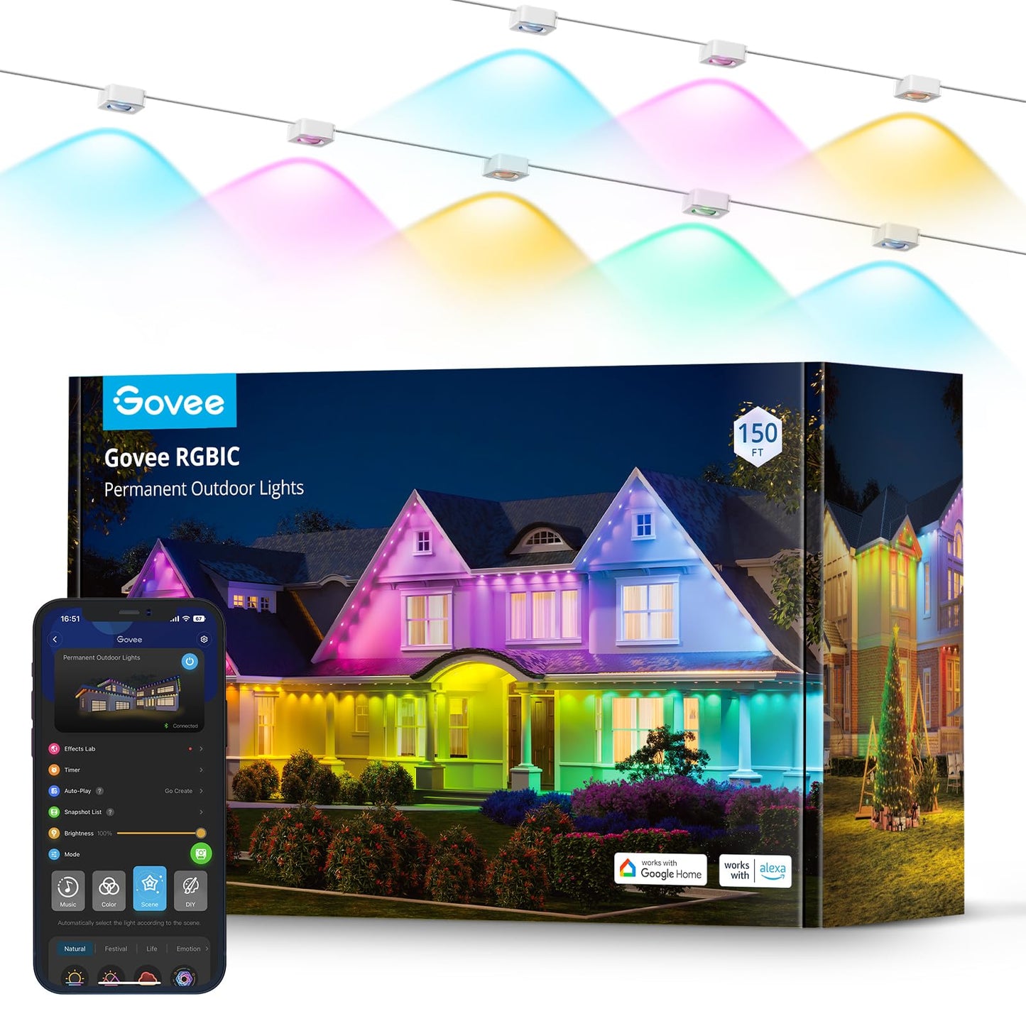 Govee Outdoor Smart Rgbic Lights, 150Ft White Led, Ip67 Waterproof, 75 Scene Modes, Model H705C