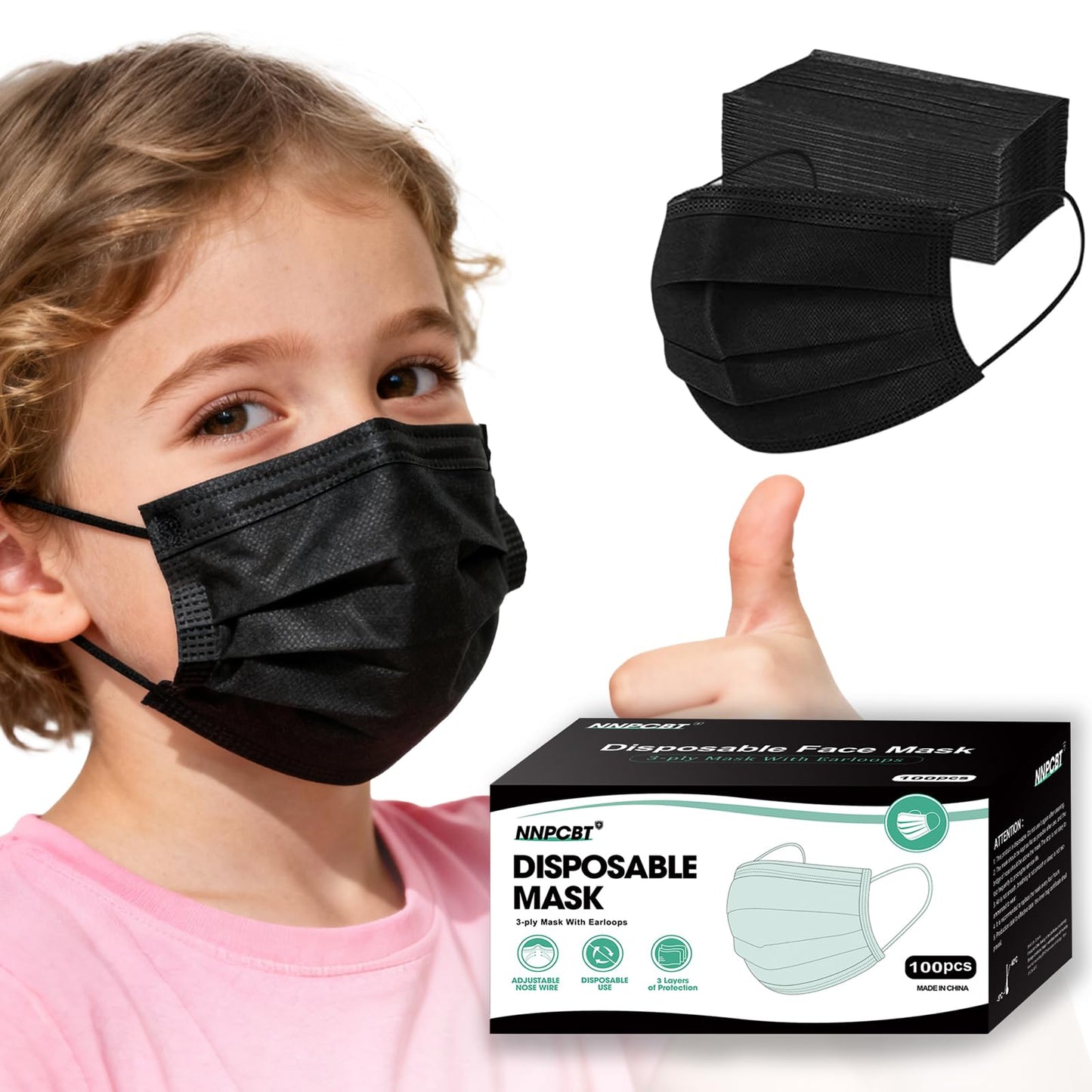 NNPCBT Kids Face Mask Disposable Black 100 PCS 3 Ply Children Boys Girls Face Masks with Earloops