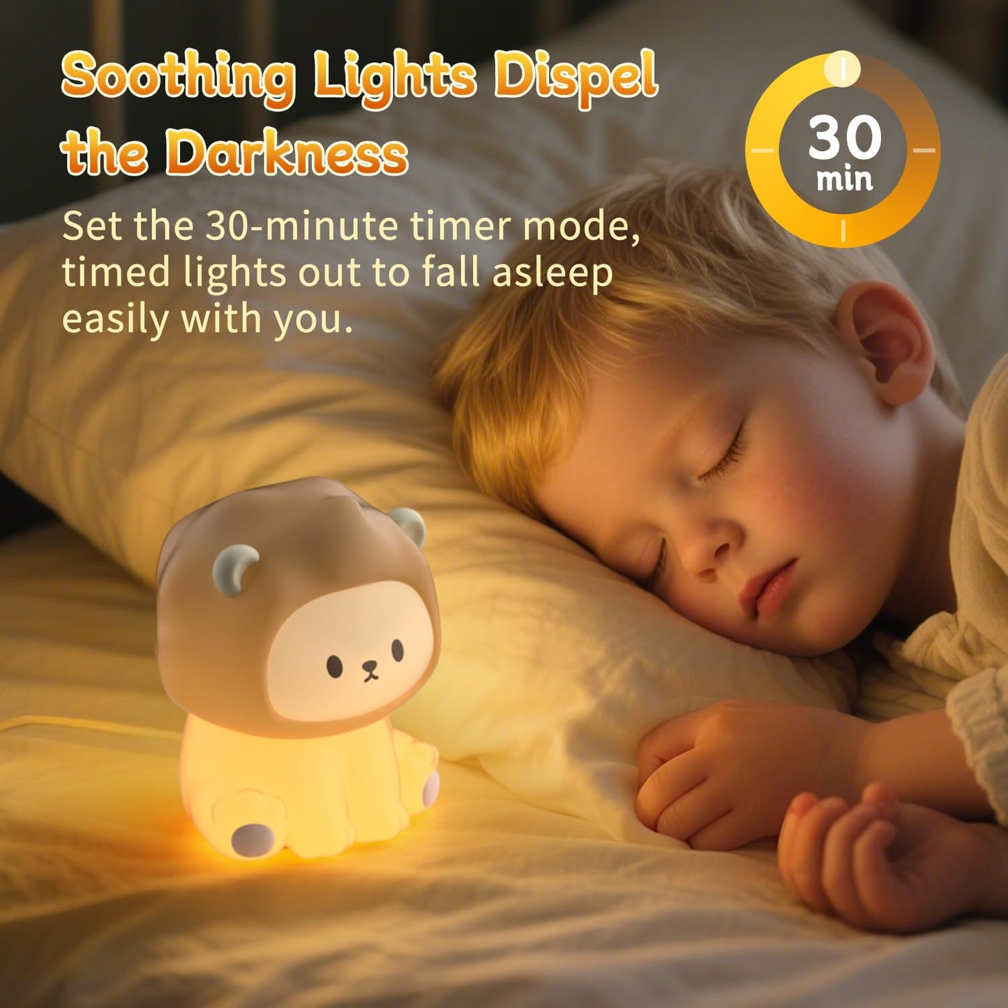 Kinyilo Cute Lion Night Light For Kids  Rechargeable Nursery Lamp With Timer  3 Brightness Levels & Warm Light  Soft Silicone Baby Night Light  Tap Control  Gift For Toddlers