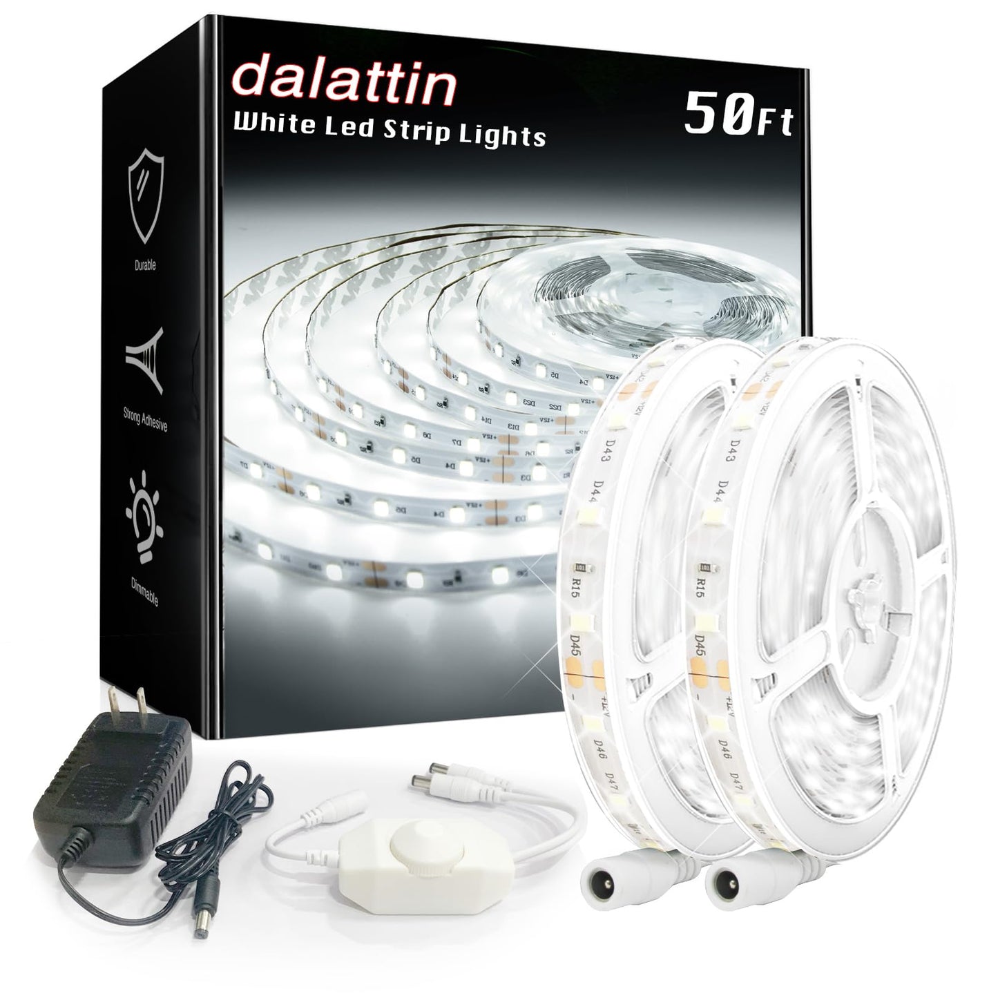 dalattin White LED Strip Lights 50ft 900 LEDs Dimmable 6500K Daylight for Bedroom, Mirror, Kitchen Model KU-WFQA-UHY5