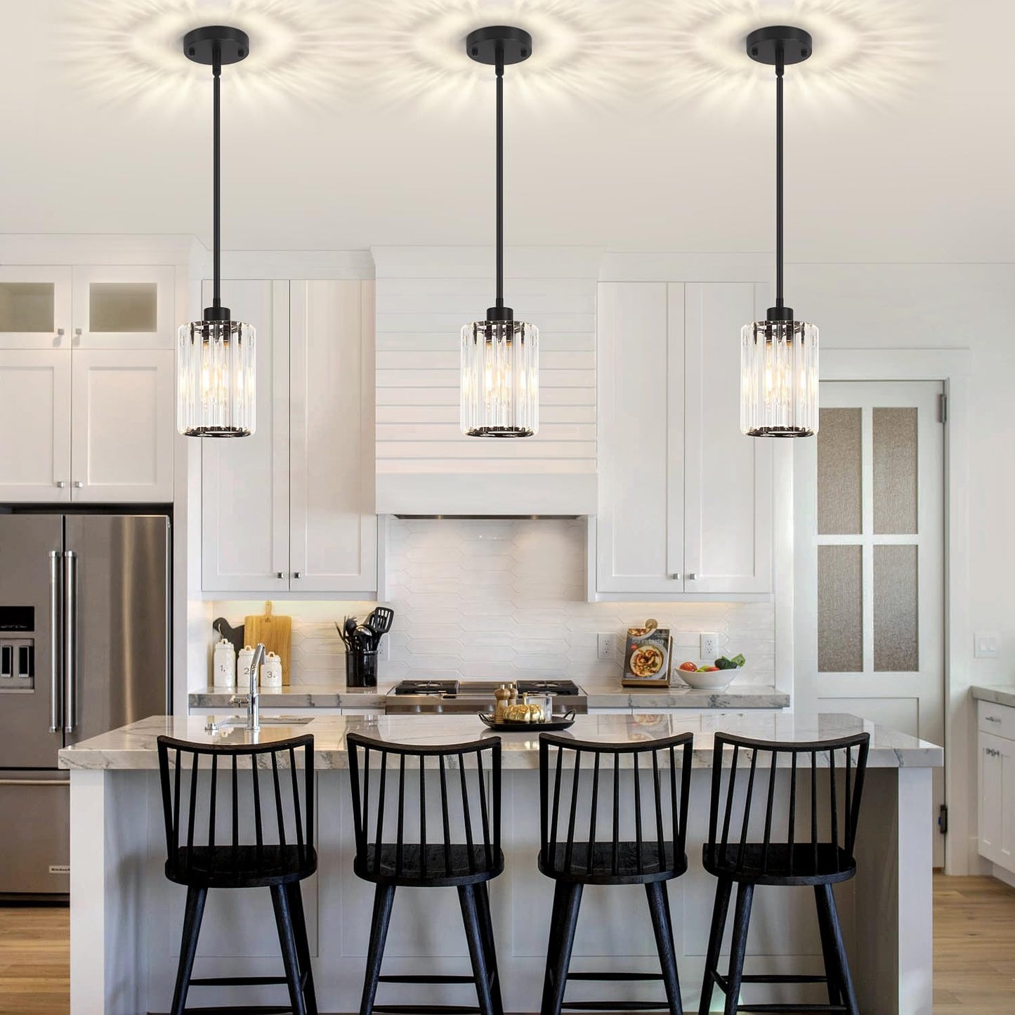 Zsmihdoh 3 Pack Black Pendant Light  Modern Crystal Pendant Lights Kitchen Island Lighting  Hanging Light Fixtures Mini Chandelier Pendant Lights For Island Dining Room Hallway Bedroom