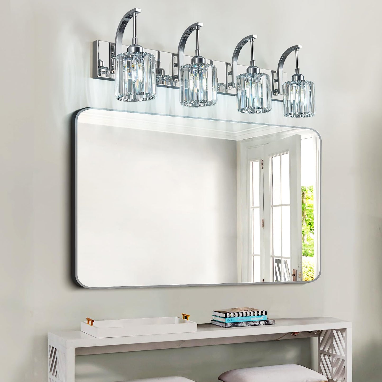 Fdpby 4-Light Crystal Vanity Light  Modern Chrome Bathroom Wall Sconce With K9 Crystal Shades  32.67 Long Over Mirror Lighting For Vanity  Makeup  Hallway  Elegant & Easy Install