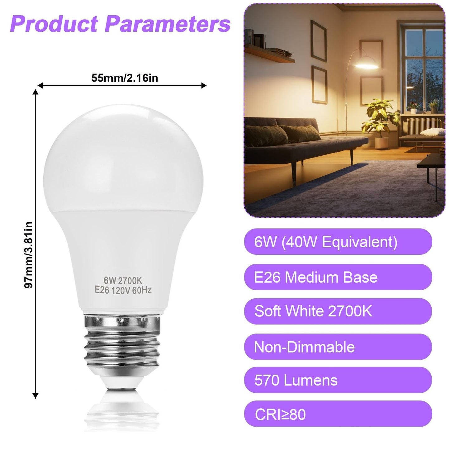 Upwatt E26 Led Light Bulbs  A15 6W (40W Equivalent)  Soft White 2700K  Non-Dimmable Medium Base Bulbs For Home Lighting  4 Pack