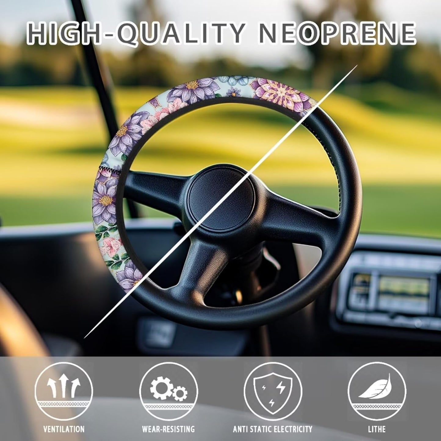 Boho Flowers Golf Cart Steering Wheel Covers Universal 13-14 Inch Golf Cart Steering Wheel Covers Club Car Soft and Washable Blossom Accessories Protector