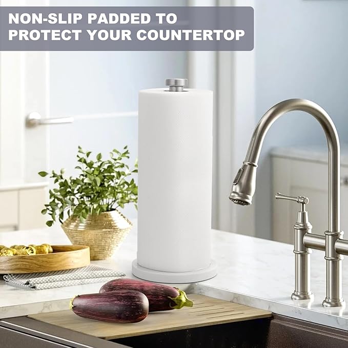 Standing Paper Towel Holder, Kitchen Paper Towel Roll Holder- for Bathroom Kitchen Countertop with Weighted Marble Base for One-Handed Operation (Silver), Silver Paper Towel Holder