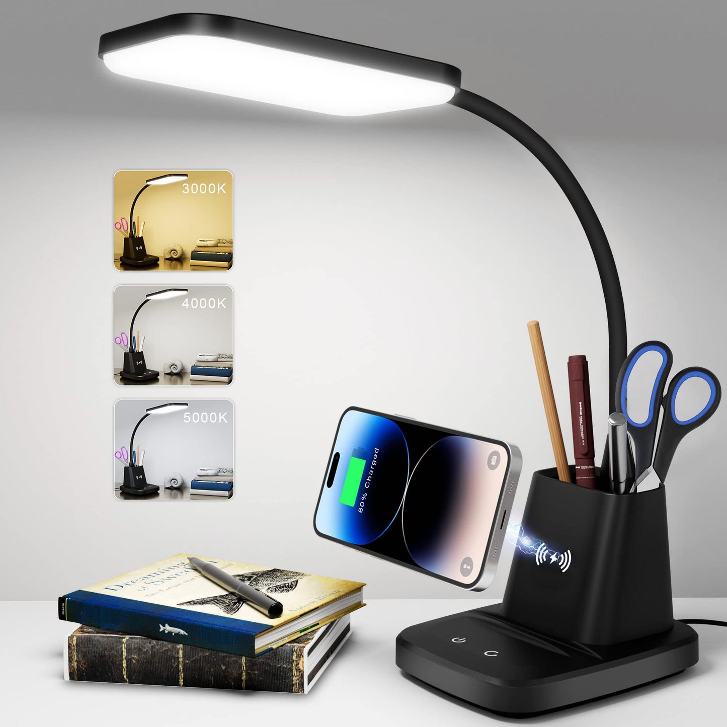 Sailstar Led Desk Lamp With Wireless Charger, 3 Color Modes, Stepless Dimming, Black, Acrylic, 800 Lumen, Ideal For Home Office And Dorm Room