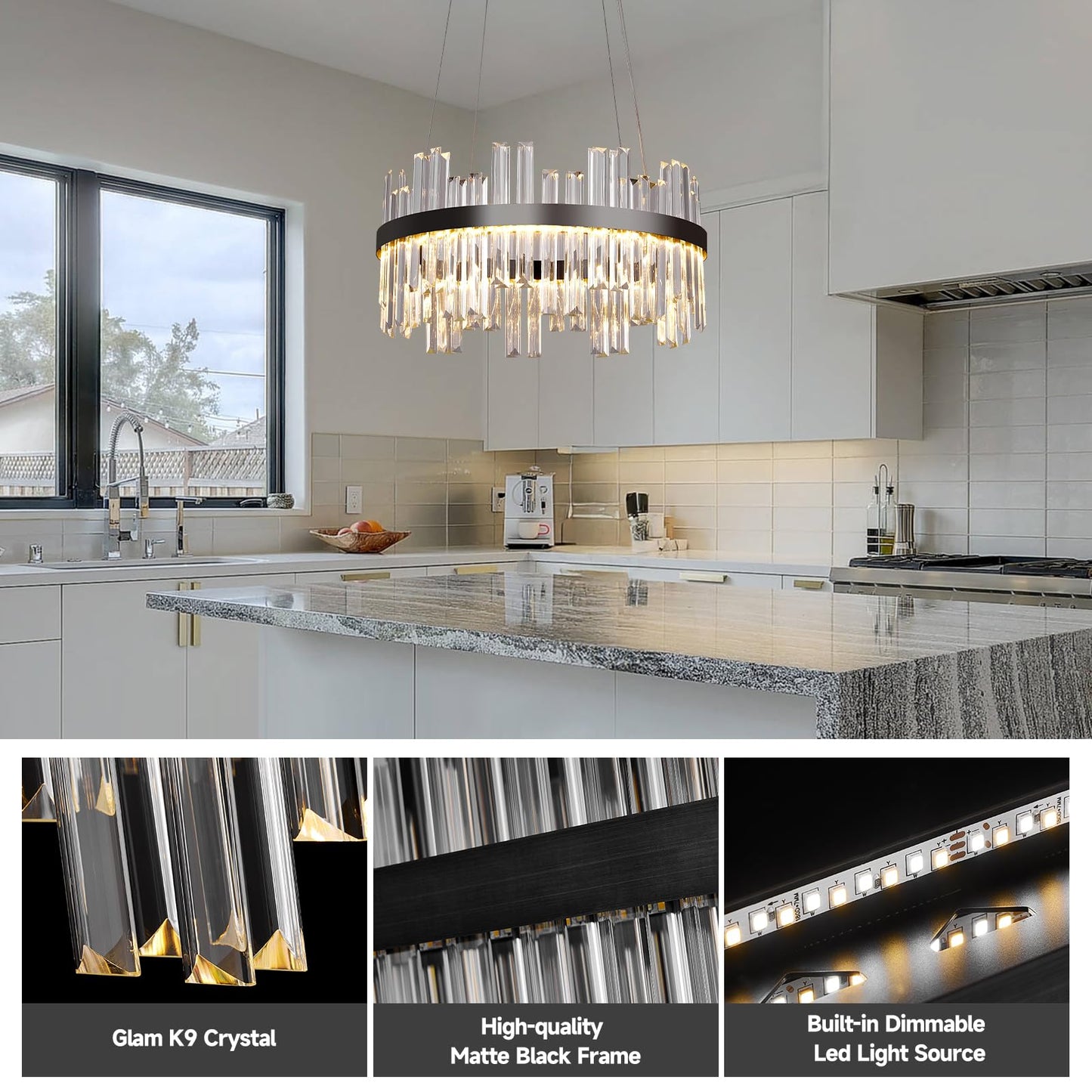 Black Led Modern Crystal Chandelier: 19.7 Round Contemporary 3 Color Dimmable Dining Room Light Fixture Over Table - Adjustable Lighting Chandeliers For Bedroom Living Kitchen Island Entryway Foyer