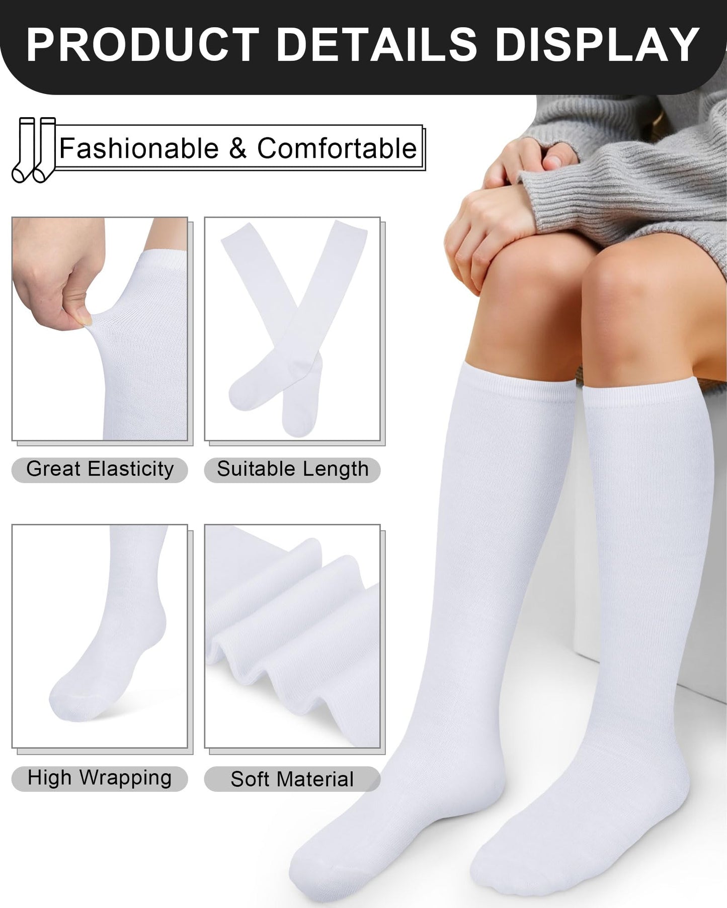 Senker Fashion Knee High Socks for Women, Cotton White Long Tube Sock Black Stockings Striped for Boot Outdoor Sport
