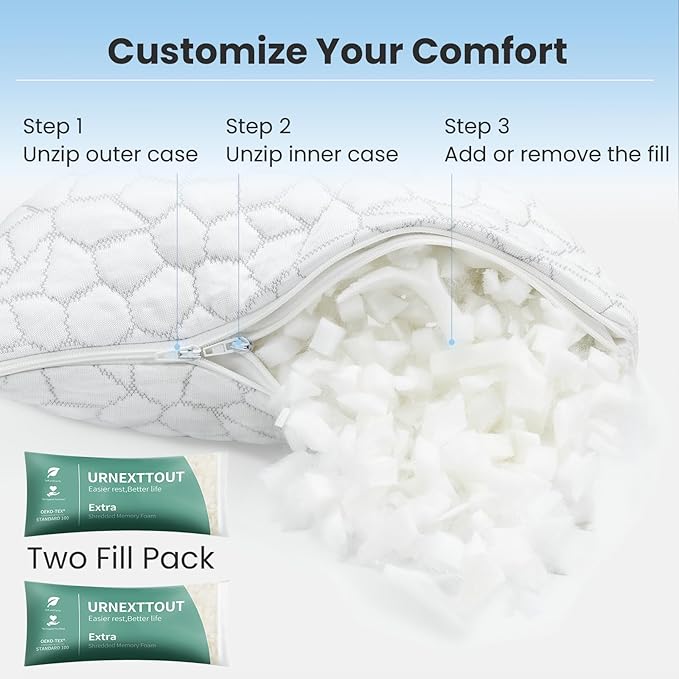 Shredded Memory Foam Pillows for Sleeping Cooling Pillows for Side Sleeper Support Adjustable Bed Pillow with 2 Extra Fill Standard Pillow