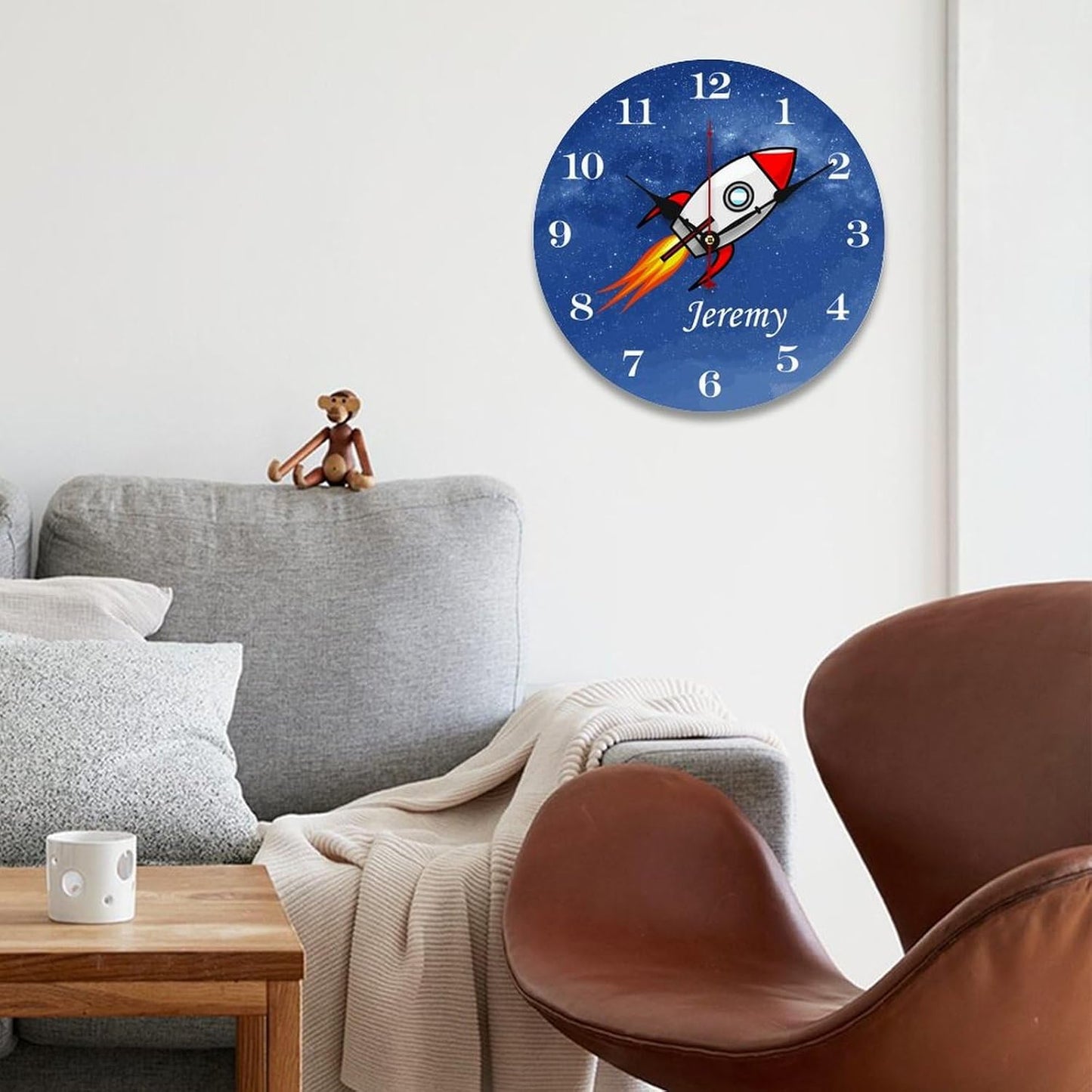 Personalized Rocket Kids Name Wood Wall Clocks Rustic Battery Operated 12 inch Non Ticking Educational Wall Clock for Kids Rooms Boys Girls,Nursery Wall Clock,Custom Kids Clock with Name