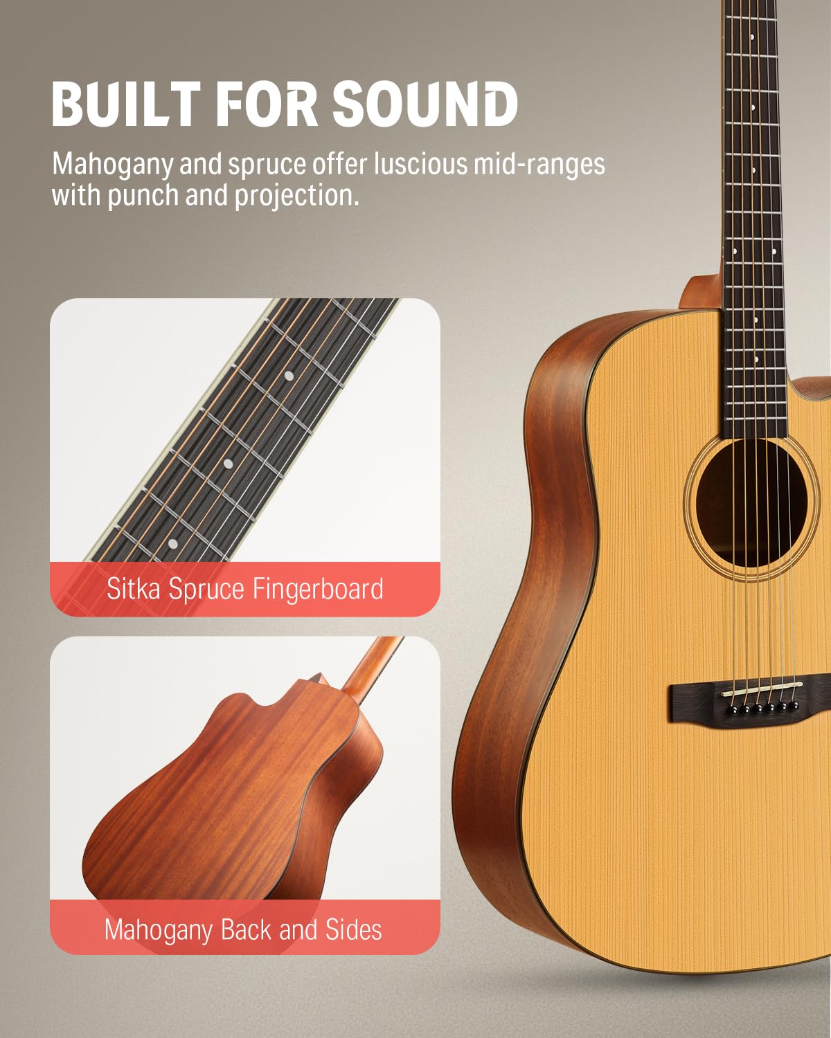 Donner 41” Acoustic Guitar Bundle for Beginners - Natural Steel Acoustic, Model DAG-1C with Gig Bag, Tuner, Strap, Picks, and Capo