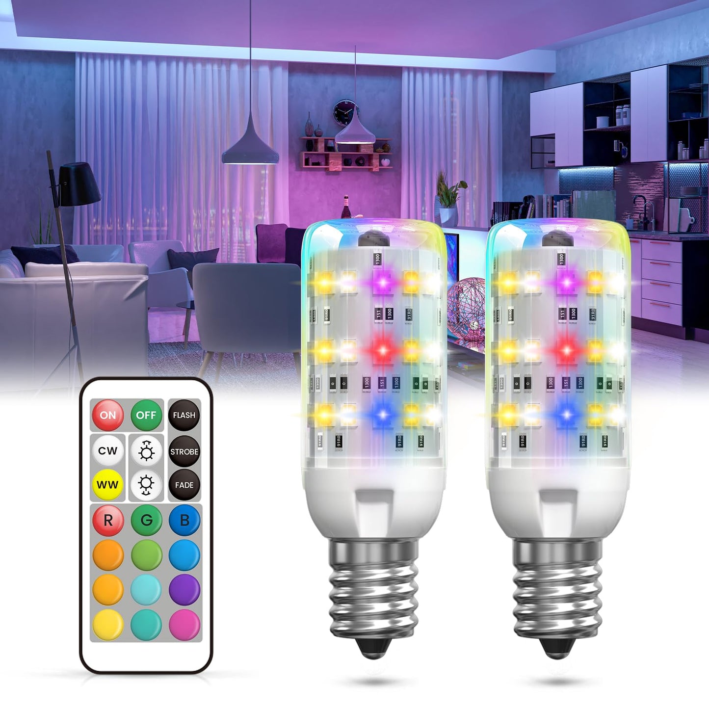 Tobebright Color Changing Led Light Bulb With Remote Control 2W E12 Chandelier Light Bulb Multicolor Rgb/3000K/6000K/Dimmable Candelabra Base Color Light Bulbs 3Modes Memory Function Ac 100-240V-2Pack