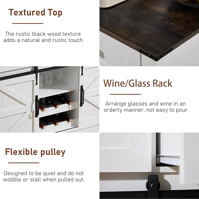 Kmax Farmhouse Wine Bar Cabinet w, 54” Buffet Cabinet with Storage, Rustic White Coffee Bar Cabinet with Sliding Barn Doors, Wine/Glass Rack & 3 Drawers for Living, Dining Room, Black Top