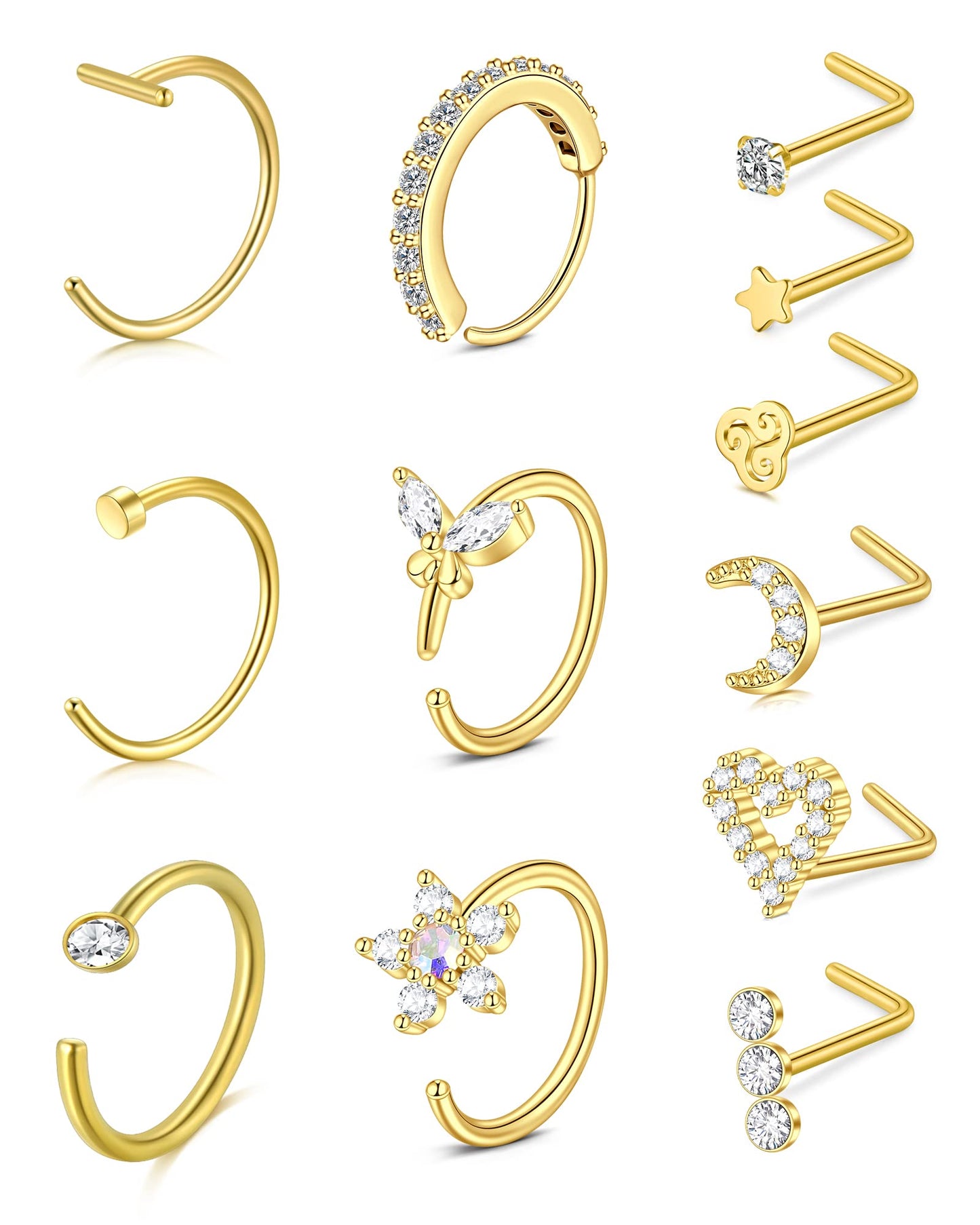 Anicina Nose Rings 18G Hoops Surgical Steel Piercing Kit L Shape Studs for Women CZ Heart Moon Gold Jewelry