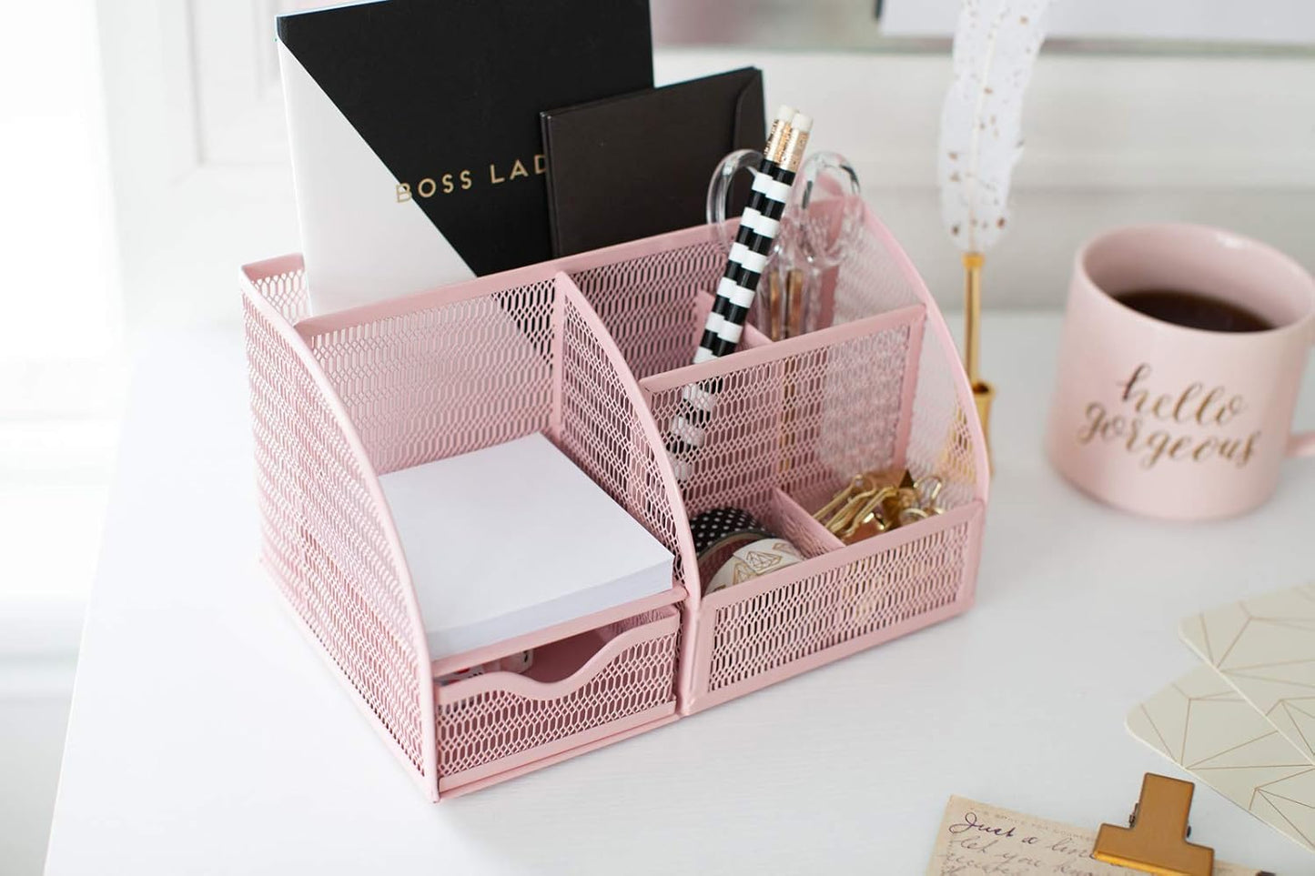 BLU MONACO Light Pink Desk Organizer – Cute Girly Accessories for Office, Paper & Supply Storage for Women & Home