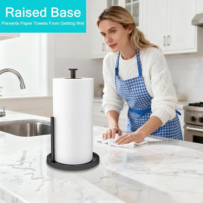 Paper Towel Holder Countertop, Standing Paper Roll Holder with Anti Slip Weighted Base, Stainless Steel Freestanding Paper Towel Holder for Kitchen, Black