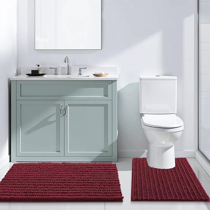 Arotive Luxury Chenille Bathroom Rug Mat, Extra Soft Thick Absorbent Shaggy Bath Rugs, Non-Slip Machine Wash Dry, Plush Bath Mats for Bathroom, Shower and Tub, 30x17, Burgundy