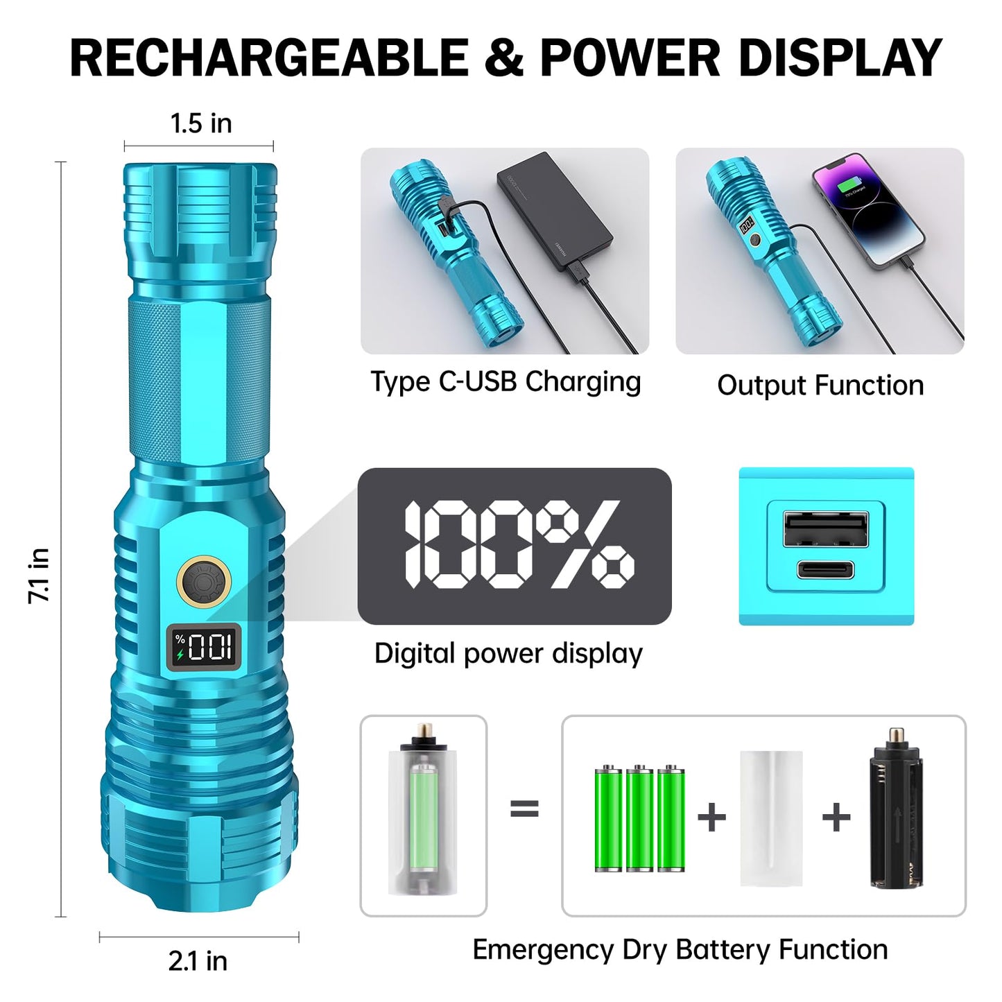 CHILDBOT High Lumens Rechargeable Flashlight, 990000LM, Waterproof, Aluminum, Model Y1915C, Turquoise