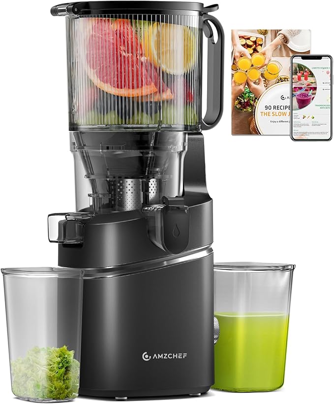 Cold Press Juicer – 5.8" Wide Mouth Hopper for Whole Recipe Loading, Self Feeding for Hands-Free Operation, Zero Waste Masticating Juicer For More Juice, Less Pulp – Triple Strainers