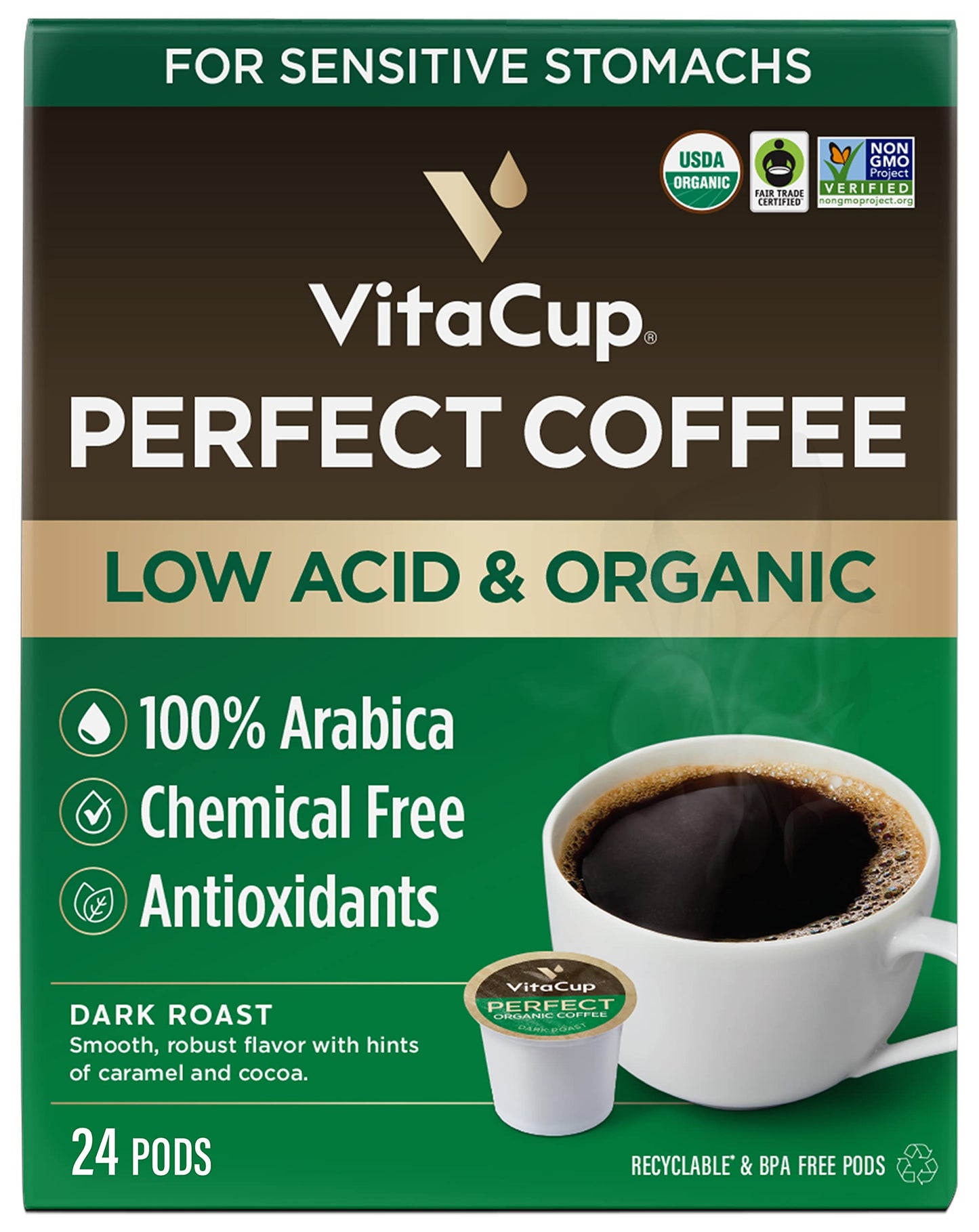 VitaCup Perfect Low Acid Coffee Pods  USDA Organic & Fair Trade  Mycotoxin Free  Dark Roast Guatemala Single Origin  Clean & Pure Recyclable Single Serve Pod compatible w/Keurig K-Cup malt-inspired 24 CT