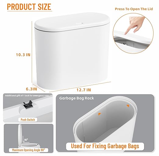 Yieach 12 L Bathroom Trash Can With Lid,2 Pack 3.17 Gallon Slim Pet/Dog Proof Trashcan and Skinny Small Covered Trash Can for Kitchen,Office,RV,Bedroom and Dorm,Plastic Covered Wastebasket,Garbage Can