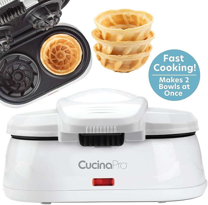 Double Waffle Bowl Maker- Make two 4″ Ice Cream Cone Bowls at Once in Just Mins- Holiday Dessert Appliance for Yogurt Fruit Snacks- Nonstick Iron Easy Clean Electric Kitchen Gadget w Recipes Xmas Gift