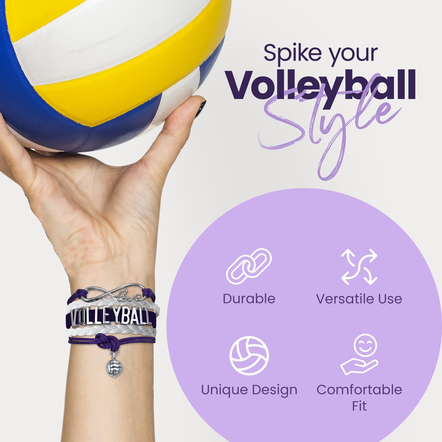 Sportybella Volleyball Bracelet, Purple and White Adjustable Infinity Love Charm Bracelet, Volleyball Jewelry and Accessories, G