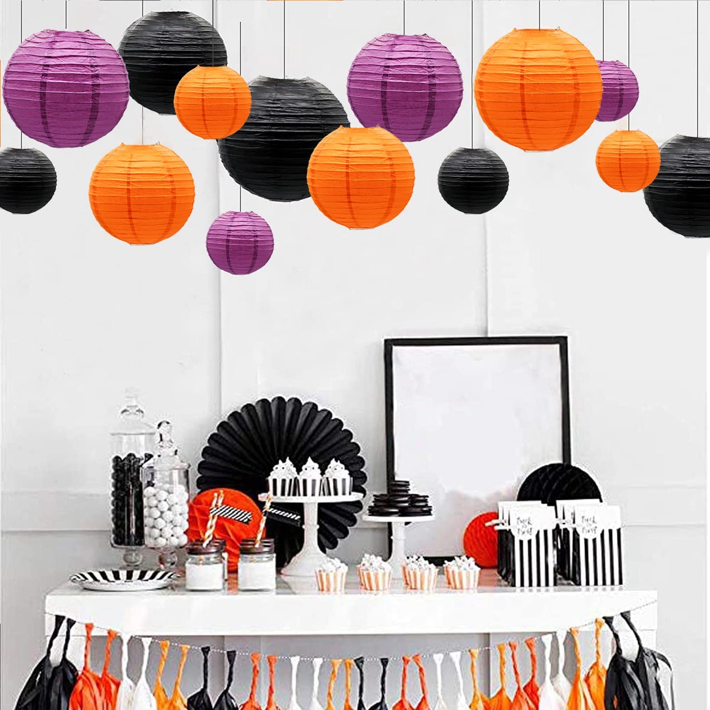 Adlkgg Paper Lanterns - 21Pcs Orange, Purple & Black Round Hanging Decorations For Graduation, Halloween, Thanksgiving, Birthday Parties