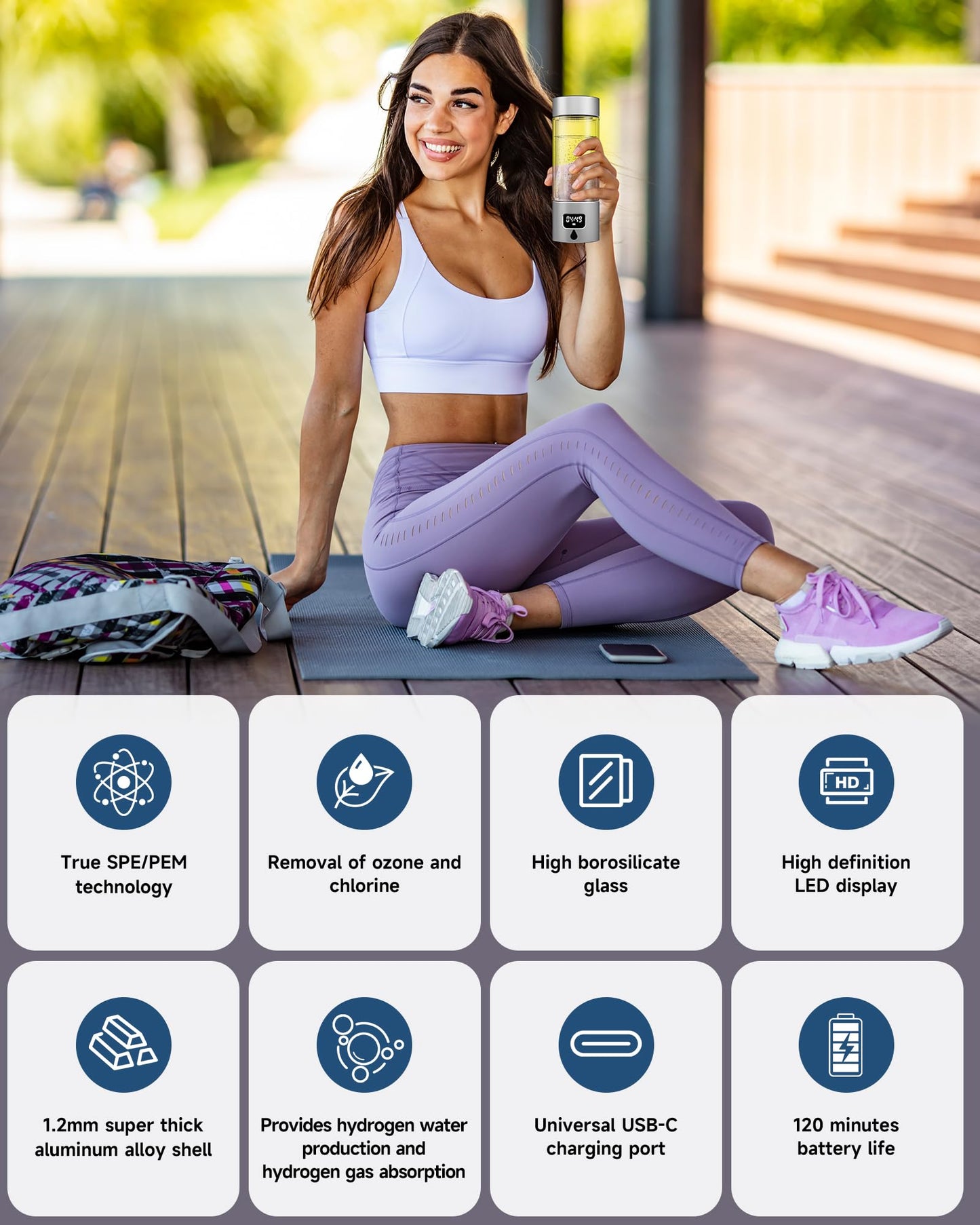 Hydrogen Water Bottle - Portable, Rechargeable, LED Timer, Aluminum and Glass, 5000 PPB Hydrogen in 10 Minutes, 340ml Capacity, for Travel, Sports, Home, Office(Grey)