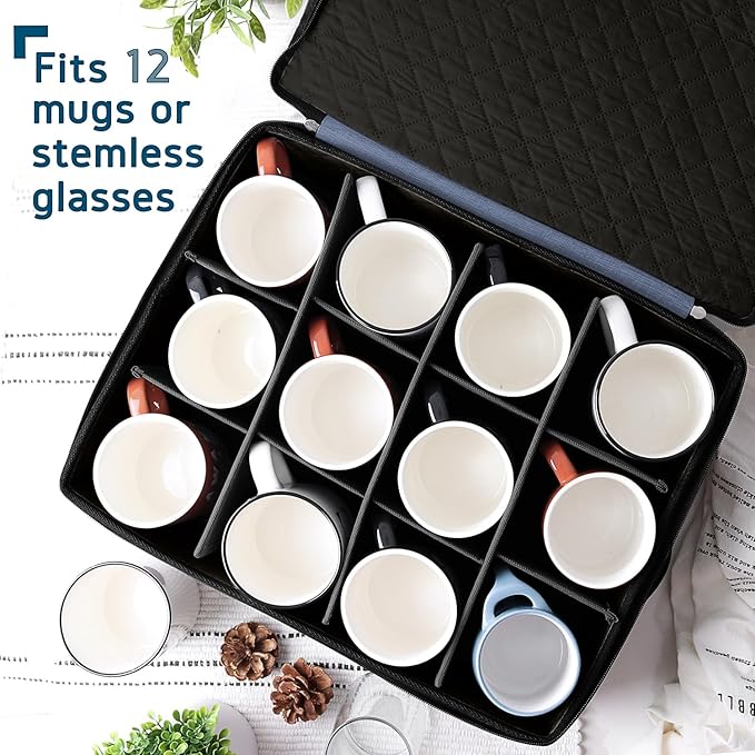 Hearth & Harbor Coffee Mug Storage, Quilted and Stackable Coffee Cup Storage Organizer for Service of 12, Mug Storage Box with Dividers, China Containers Hard Shell for Moving and Organization, Blue